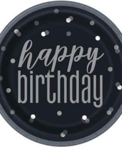 Happy Birthday Black Glitz Party Paper Plates. Cups & Napkins