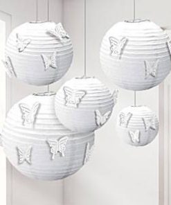 Alternative view of White Paper Lanterns with Butterfly Attachments (Pk 5)