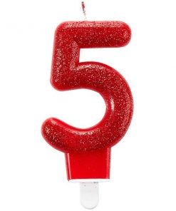 Number 5 Red Glitter Candle