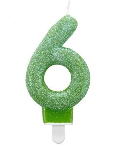 Number 6 Green Glitter Candle