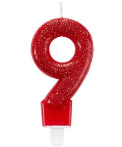 Number 9 Red Glitter Candle