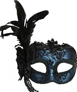 Blue Masquerade Mask with Side Feathers