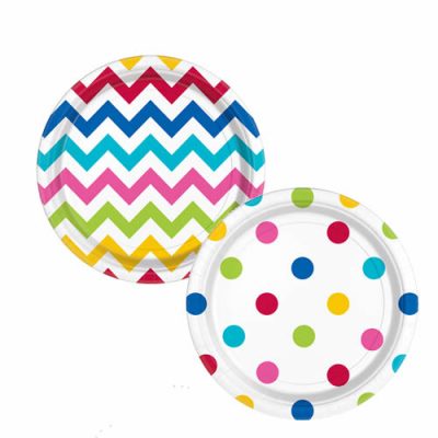 Buy Rainbow Chevrons & Polka Dot Themed Disposable Partyware Plates Cups napkins chepaest in the uk next day delivery