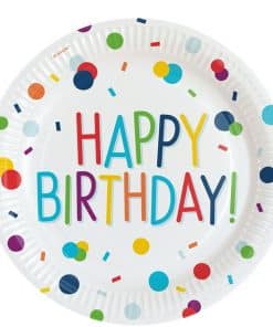 Rainbow Polka Dot Confetti Print Happy Birthday Paper Plates