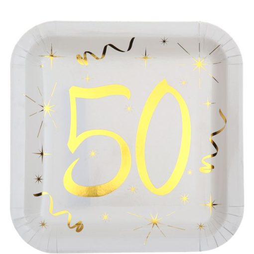 White & Gold Sparkle 50th Paper Plates