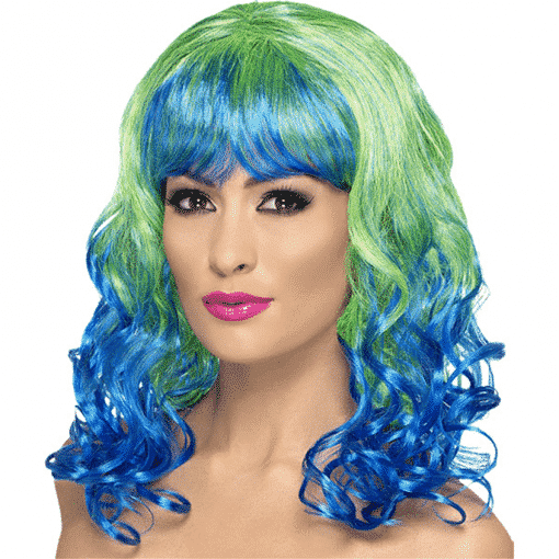 Divatastic Curly Green & Blue Adult Wig