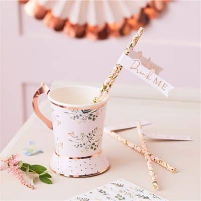 Rose Gold Floral Paper Straws