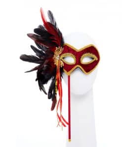 Alternative view of Red & Gold Masquerade Mask on Stick with Feathers