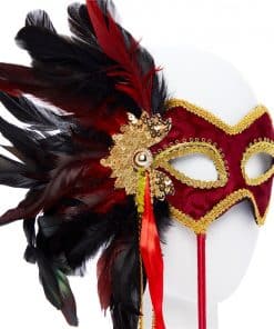 Red & Gold Masquerade Mask on Stick with Feathers