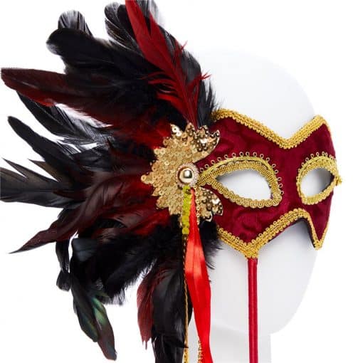 Red & Gold Masquerade Mask on Stick with Feathers