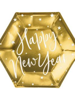 Happy New Year Metallic Gold Paper Hexagonal Plates