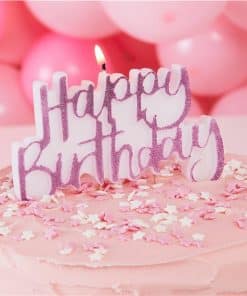 Pink Glitter Happy Birthday Cake Candle