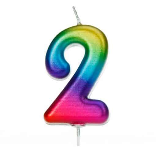 Number 2 Metallic Rainbow Candle