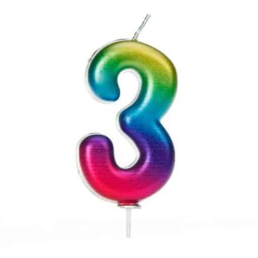 Number 3 Metallic Rainbow Candle