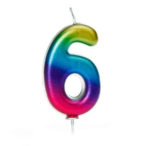 Number 6 Metallic Rainbow Candle