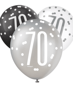 70th Birthday Latex Balloons, Silver, Black & White