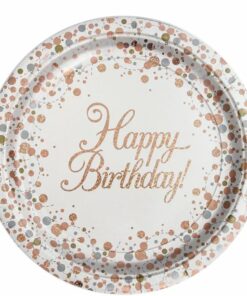 White & Rose Gold Happy Birthday Paper Plate - 23cm