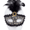 Black Glittery Masquerade Mask with Tall Feather & Gem