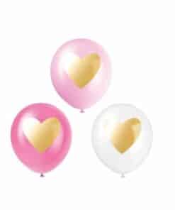 Pink & White Latex Balloons with Gold Heart Print