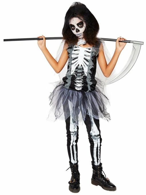 Girls Skeleton Reaper Child Fancy Dress Costume