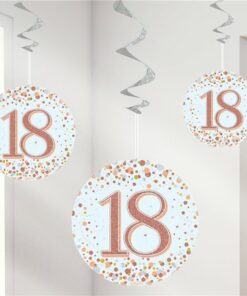 White & Rose Gold 18th Hanging Swirl Decorations