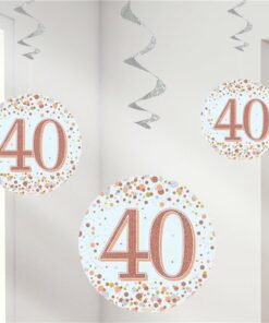 White & Rose Gold 40th Hanging Swirl Decorations
