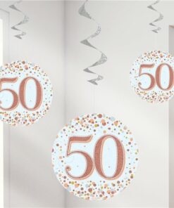 White & Rose Gold 50th Hanging Swirl Decorations