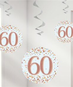 White & Rose Gold 60th Hanging Swirl Decorations