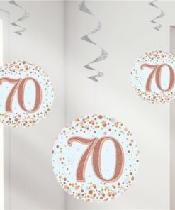 White & Rose Gold 70th Hanging Swirl Decorations