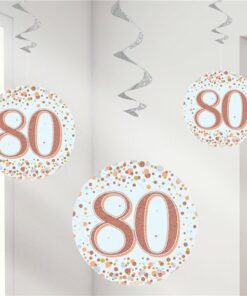 White & Rose Gold 80th Hanging Swirl Decorations