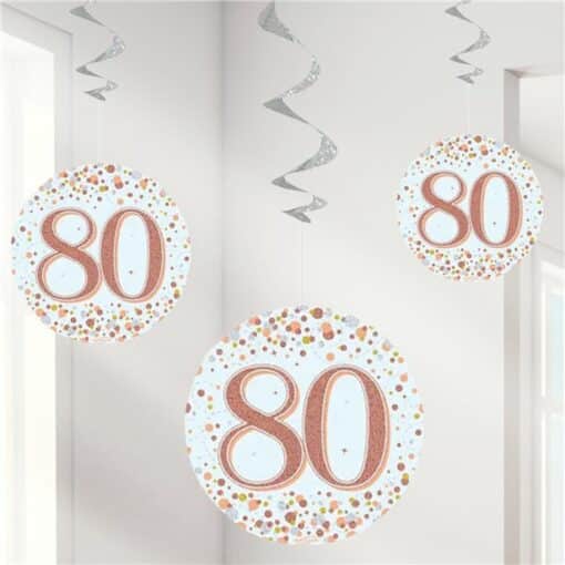 White & Rose Gold 80th Hanging Swirl Decorations