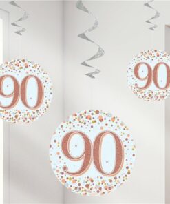 White & Rose Gold 90th Hanging Swirl Decorations