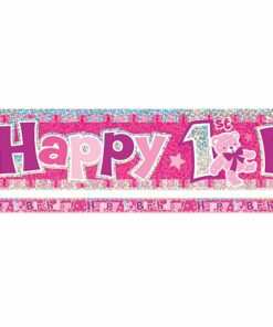 Pink 'Happy 1st Birthday' Holographic Foil Banner