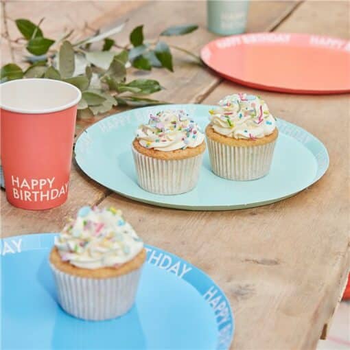 8 x Mix It Up Brights Happy Birthday Eco Paper Plates - 25cm