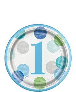 Blue Dots 1st Birthday Paper Plates