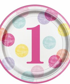 Pink Dots 1st Birthday Paper Plates