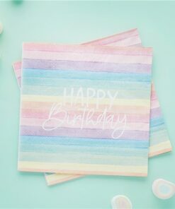 Alternative view of Eco Pastel Rainbow Happy Birthday Paper Napkins - 33cm (Pk 16)