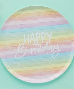 Alternative view of Eco Pastel Rainbow Happy Birthday Paper Plates - 23cm (Pk 8)
