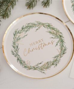White Merry Christmas Wreath Paper Plates