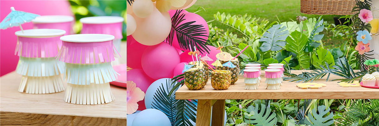 Hawaiian Tassel Fringe Paper Cups with Flower Toppers