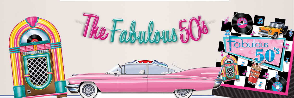 Fabulous 50s themed rock n roll party decorations, american cars, jukeboxes & fun