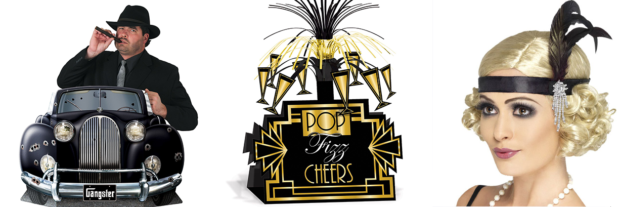 Great Gatsby Vintage Gangster themed Hollywood Party Decorations, 1920's Banners, Gangster Novelties & Flapper Fancy Dress Costumes