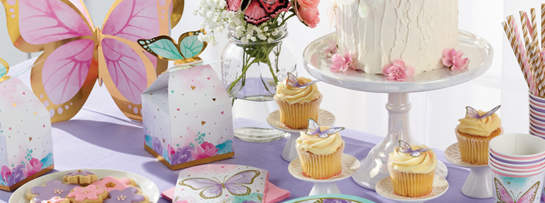Butterfly Shimmer Party Decorations, Beautiful Pretty Butterfly themed party plates,  cups, napkins & table decor. 