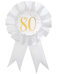 White & Gold Sparkle 80th Rosette Badge