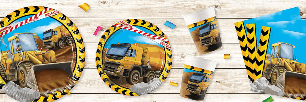 Construction Vehicle Themed Party Decorations, Trucks, Diggers, Mixers Next Day Delivery