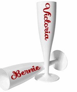 White Champayne Glasses Customised Hen Party Wedding Birthday Valentines Red Text