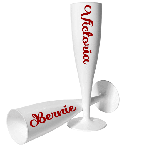 White Champayne Glasses Customised Hen Party Wedding Birthday Valentines Red Text