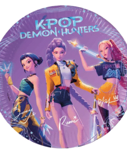 Official K-Pop Demon Hunters Netflix movie paper plates featuring Zoey and Rumi